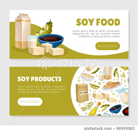 Soy food landing page templates set. Vegan protein healthy dietary products horizontal web banners cartoon vector 98993063