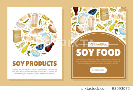 Soy products mobile app templates set. Vegan protein healthy dietary meal web banner, card cartoon vector 98993073