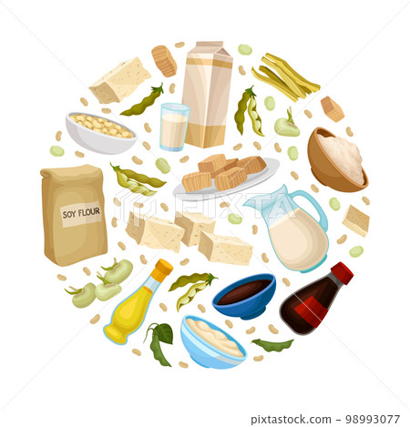 Soybean products in round shape. Tofu cheese, milk, soybean, tempeh, miso, oil healthy protein meal banner, poster, card design template cartoon vector 98993077