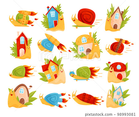 Cute funny snail characters set. Mollusks with turbo rocket speed boosters cartoon vector illustration Cute funny snail characters set. Mollusks with turbo rocket speed boosters cartoon vector illustration 98993081