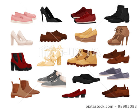 Footwear set. Fashionable male and female shoes, boots, high heels cartoon vector illustration 98993088