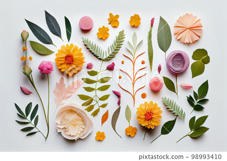 Composition of flowers. Frame pattern made from different dried flowers and leaves on white background. Flat lay, top view, copy space 98993410