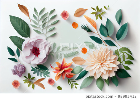 Composition of flowers. Frame pattern made from different dried flowers and leaves on white background. Flat lay, top view, copy space 98993412