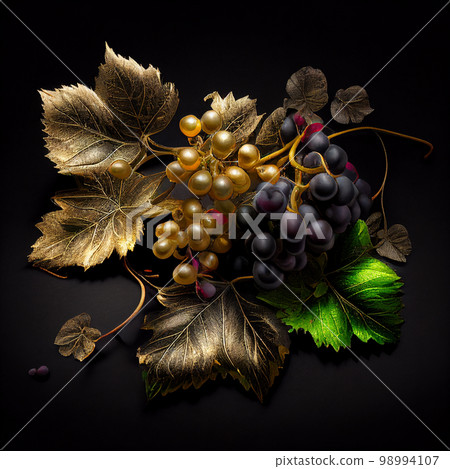 Golden leaves of grapes and berries covered with gold isolated on black close-up for advertising, banner, signboard, printing on packaging, appetizing unusual grapes Golden leaves of grapes and berries covered with gold isolated on black close-up for advertising, banner, signboard, printing on packaging, appetizing unusual grapes 98994107
