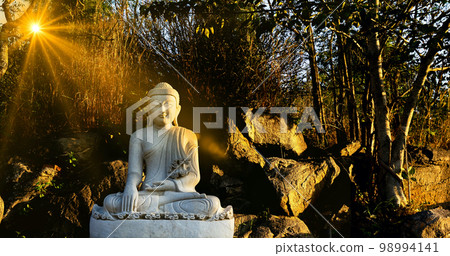 White meditating Buddha statue sits on the rock pile among forest trees in the afternoon time at India. Great religious architecture. White meditating Buddha statue sits on the rock pile among forest trees in the afternoon time at India. Great religious architecture. 98994141