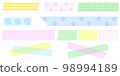 Washi tapes. Semi-transparent pieces of ribbons. Blue, pink, yellow, green and purple pieces of washi tape with torn edges. Set of adhesive ribbons isolated on a transparent background. 98994189