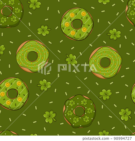 Donut themed pattern on dark green background with clover and shamrocks for St Patricks Day 98994727
