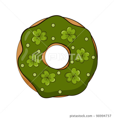 Donut for St Patricks Day in cartoon style with green icing shamrocks Donut for St Patricks Day in cartoon style with green icing shamrocks 98994737
