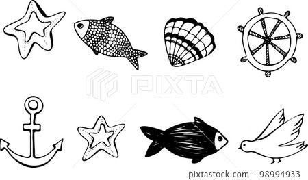 Set of vector illustrations of the underwater world in doodle style. 98994933
