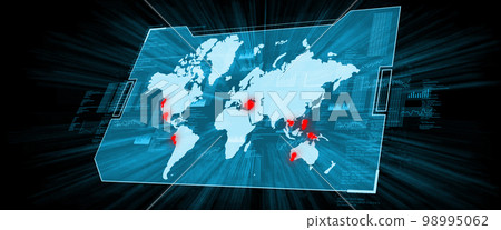 Global map of the world with earthquake points. Hologram display. Global map of the world with earthquake points. Hologram display. 98995062