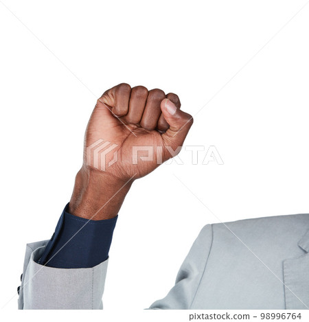 Black man, hand and fist in empowerment, equality or business motivation of human rights and black lives matter. Zoom, corporate worker and solidarity gesture in support on isolated white background Black man, hand and fist in empowerment, equality or business motivation of human rights and black lives matter. Zoom, corporate worker and solidarity gesture in support on isolated white background 98996764