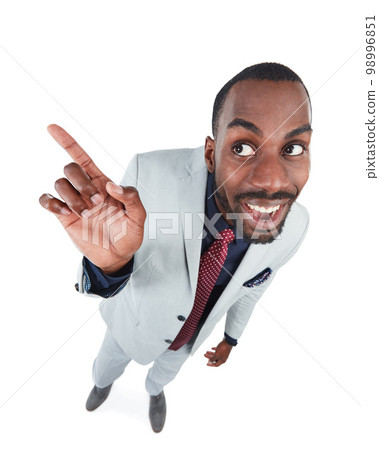 High angle, businessman or excited pointing finger on isolated white background, marketing space or advertising mockup. Smile, happy and curious corporate worker, creative pov or showing hand gesture 98996851