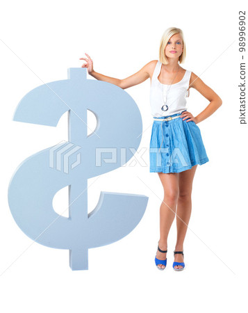 Dollar sign, money and portrait of woman in studio for financial saving, investment or goal. Finance, economy and female model from Canada standing with cash symbol isolated by a white background. Dollar sign, money and portrait of woman in studio for financial saving, investment or goal. Finance, economy and female model from Canada standing with cash symbol isolated by a white background. 98996902