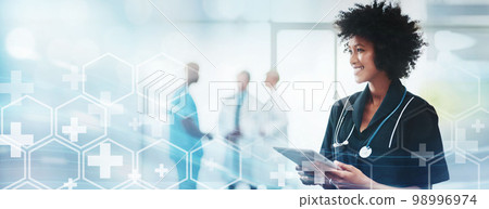 Tablet technology, hospital overlay and doctor with smile for wellness, healthcare or analysis in mockup space. Medic woman, touchscreen tech or 3d hologram mock up with mission, health and research Tablet technology, hospital overlay and doctor with smile for wellness, healthcare or analysis in mockup space. Medic woman, touchscreen tech or 3d hologram mock up with mission, health and research 98996974