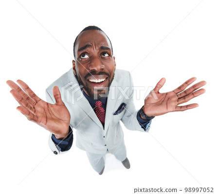 High angle, perspective or confused businessman on isolated white background, marketing space or advertising mockup. Thinking, curious and doubt for corporate worker with question emoji face or hands 98997052