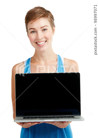 Blank laptop, portrait and woman isolated on a white background with mockup space for product placement. Happy young model or person face with computer screen or mock up for advertising in a studio Blank laptop, portrait and woman isolated on a white background with mockup space for product placement. Happy young model or person face with computer screen or mock up for advertising in a studio 98997071