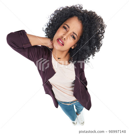 Tired, neck pain and black woman in studio portrait with moody, unhappy and frustrated face of people. Stressed, accident and fatigue of person with injury pain at isolated white background top view Tired, neck pain and black woman in studio portrait with moody, unhappy and frustrated face of people. Stressed, accident and fatigue of person with injury pain at isolated white background top view 98997148