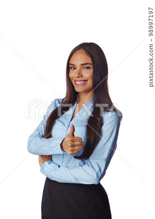 Thumbs up, business woman and portrait of a model with winner, thank you and success hand sign. White background, happy employee and isolated female entrepreneur worker smile with vertical mockup 98997197