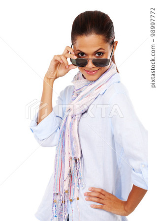Checking you out....Black woman, luxury sunglasses and portrait for fashion announcement or discount on glasses in studio. Female model isolated on a white background while peeking, happy and. Checking you out....Black woman, luxury sunglasses and portrait for fashion announcement or discount on glasses in studio. Female model isolated on a white background while peeking, happy and. 98997772