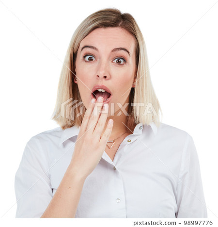 Business woman and shock portrait in studio for bad surprise, problem or wtf moment of people. Worry, anxiety or stress gasp of shocked and young corporate person at isolated white background. 98997776