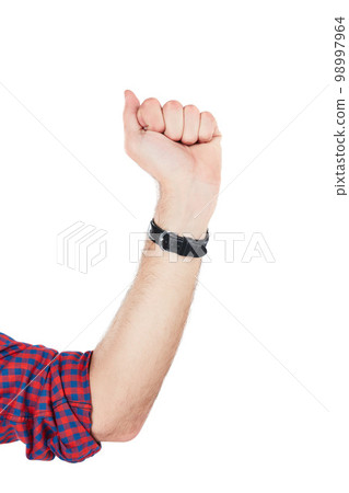 Fist, sign language and hand in a studio for communication, counting or numbers with fingers. Countdown, person and man with a tension hand gesture or body language isolated by a white background. 98997964