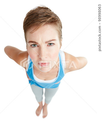 Top view, angry and portrait of confused woman on white background with attitude, hands on hip and anger. Body language, mockup space and face of upset, annoyed and frustrated girl isolated in studio Top view, angry and portrait of confused woman on white background with attitude, hands on hip and anger. Body language, mockup space and face of upset, annoyed and frustrated girl isolated in studio 98998063