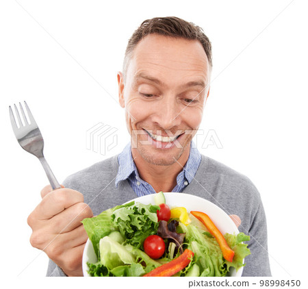 Happy man with salad isolated on a white background of healthy diet, green lunch choice or nutritionist lifestyle. Smile of person or model with vegetables, food bowl for vegan or nutrition in studio 98998450
