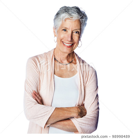 Senior woman, studio portrait and arms crossed - Stock Photo