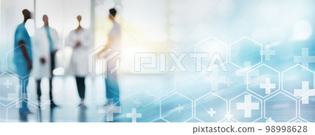 Doctor, futuristic overlay and hospital teamwork for wellness, healthcare and discussion with mockup space. Doctors group, talking or planning with 3d hologram mock up, strategy and goals in clinic 98998628