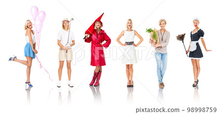 Montage, costume and woman in studio, different and posing in outfit, theme or clothing on white background. Event, party and girl express personality, style and selection for halloween pose isolated Montage, costume and woman in studio, different and posing in outfit, theme or clothing on white background. Event, party and girl express personality, style and selection for halloween pose isolated 98998759