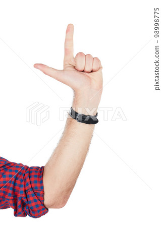 Hand, count and fingers pointing in a studio for direction, mathematics or timer solution. Count down, sign and male model with sign language or symbol hands number gesture by a white background. Hand, count and fingers pointing in a studio for direction, mathematics or timer solution. Count down, sign and male model with sign language or symbol hands number gesture by a white background. 98998775