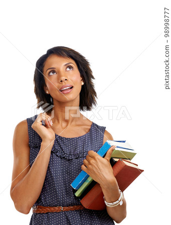 Teacher thinking, woman with books for reading and teaching with learning and education against white background. Academy, school and learn with knowledge and study, vision and academic motivation 98998777