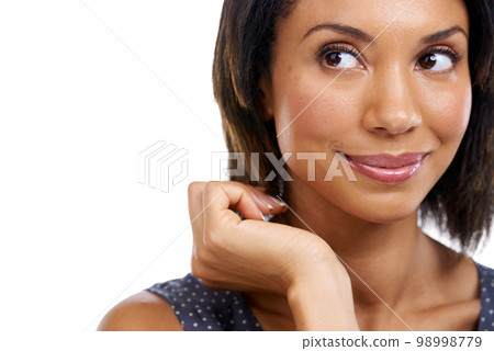 Mockup, studio background and black woman thinking of ideas, mindset and planning to remember memory. Inspiration, solution and face of studio model, question goals and daydream of happy opportunity 98998779