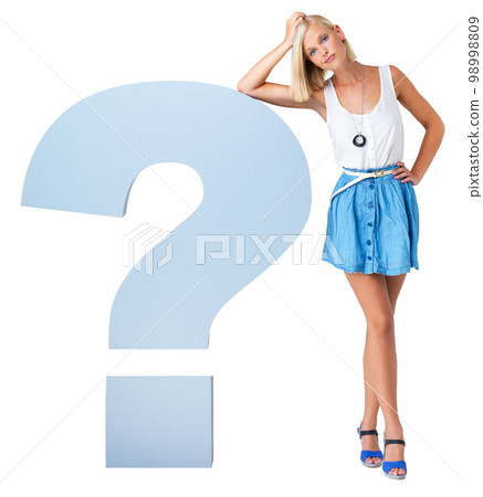 Question mark, puzzled and portrait of a woman in a studio with thinking, pensive and contemplating expression. Confusion, wondering and full length of a female model isolated by white background. 98998809