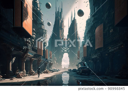 Metaverse and virtual reality concept, dystopia of futuristic cyber city, generative AI 98998845