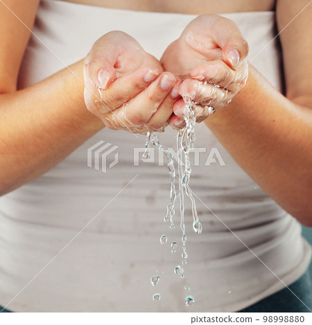 Woman, water and washing hands zoom, skin with health and beauty for hygiene and hydration, moisture and skincare. Wellness, natural cosmetics and body care with shower and cleaning hands with splash 98998880