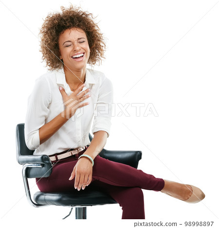 Black woman, studio portrait and chair with laughing, funny moment, beauty or happy by white background. Woman, office chair and isolated with comic time, happiness and crazy joke with formal fashion Black woman, studio portrait and chair with laughing, funny moment, beauty or happy by white background. Woman, office chair and isolated with comic time, happiness and crazy joke with formal fashion 98998897