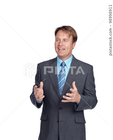 Businessman, ceo speaker and senior employee ready for a financial presentation with a smile. White background, mature worker and finance professional model looking proud and smart in a studio 98998911