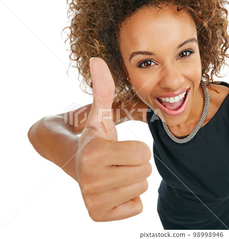 Worker, black woman and thumbs up hand portrait with wow, happy or proud smile for success in corporate style. Yes, approval and agreement sign of business at isolated studio white background. 98998946