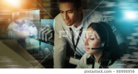 Business people, call center and digital marketing hologram for telemarketing advice or desktop support in double exposure. Consultant in global communication with online, big data or help on overlay Business people, call center and digital marketing hologram for telemarketing advice or desktop support in double exposure. Consultant in global communication with online, big data or help on overlay 98998956