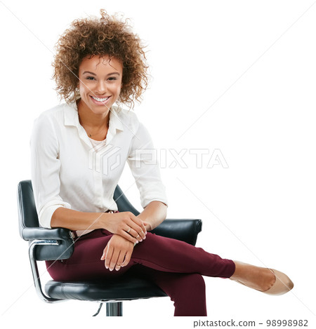 Black woman, studio portrait and chair with corporate clothes, beauty or smile by white background. Entrepreneur woman, office chair and isolated with focus, happiness and motivation for company goal 98998982