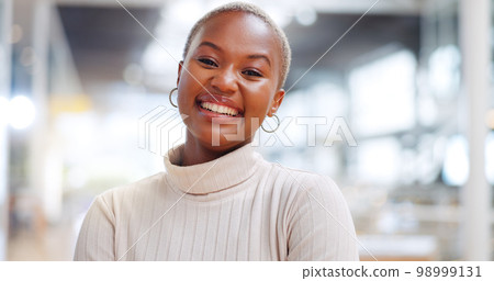 Leadership, business and black woman wink walking in corporate workplace with goals, mission and vision. Success, startup and happy girl entrepreneur with happy mindset, motivation and confidence 98999131