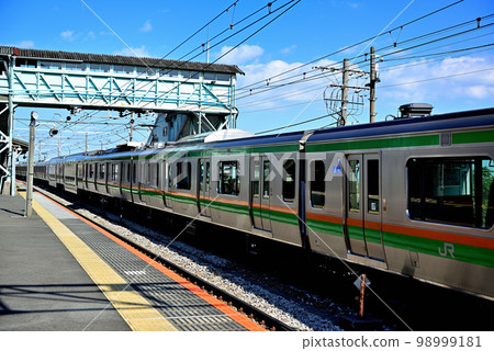 JR東日本的木造車站大樓大通號、湘南號等經過根部川站的列車 JR東日本的木造車站大樓大通號、湘南號等經過根部川站的列車 98999181
