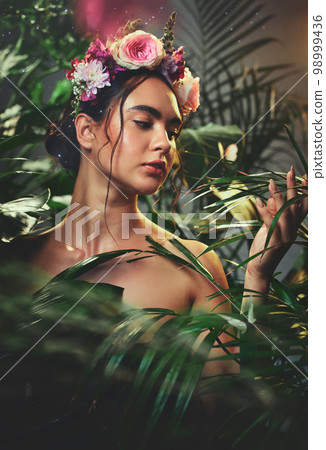 forest, floral crown and woman zen skincare natural beauty or cosmetic wellness model in summer. Young girl, butterfly and healthy body care glow with rose flowers headband in tropical rainforest 98999436