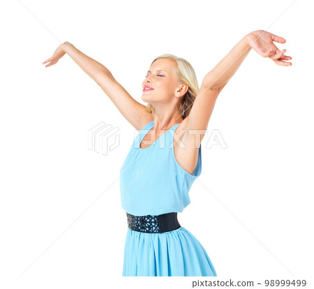 Happiness, woman and opening arms for freedom, peace and happy with lady isolated on a white studio background. Young lady and girl carefree, calm and joyful with gesture for celebration and smile Happiness, woman and opening arms for freedom, peace and happy with lady isolated on a white studio background. Young lady and girl carefree, calm and joyful with gesture for celebration and smile 98999499