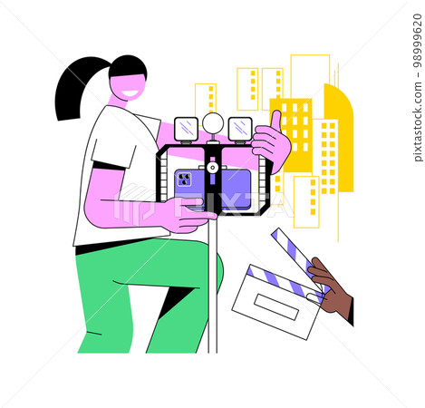 Smartphone filmmaking isolated cartoon vector illustrations. Girl holding smartphone with stabilizer and shooting video, filmmaking creative hobby, leisure time art activity vector cartoon. 98999620