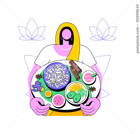 Ayurvedic diet isolated cartoon vector illustrations. Young woman on ayurvedic diet, healthy and organic nutrition, food philosophy and practice, meal bowl, eating dosha vector cartoon. 98999634