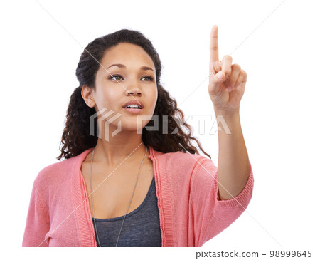 Future, ai and finger with a black woman in studio isolated on a white background using touchscreen technology. Internet, cyber and dashboard with a young female touching blank space for branding Future, ai and finger with a black woman in studio isolated on a white background using touchscreen technology. Internet, cyber and dashboard with a young female touching blank space for branding 98999645
