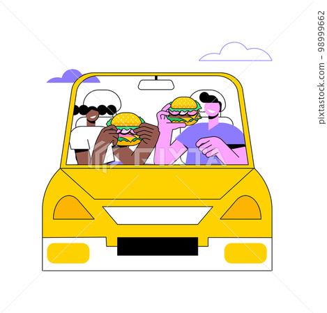 Having lunch isolated cartoon vector illustrations. Happy couple smiling and eating yummy burgers in the car, fast food addiction, takeaway lunch, drive-in restaurant order vector cartoon. Having lunch isolated cartoon vector illustrations. Happy couple smiling and eating yummy burgers in the car, fast food addiction, takeaway lunch, drive-in restaurant order vector cartoon. 98999662
