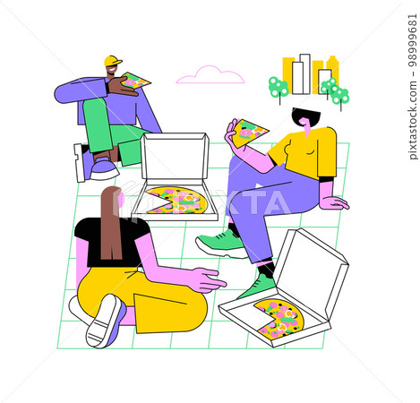 Italian pizza isolated cartoon vector illustrations. Group of people eating delicious pizza together outdoors, fast food addiction, teenagers lifestyle, leisure time with friends vector cartoon. 98999681